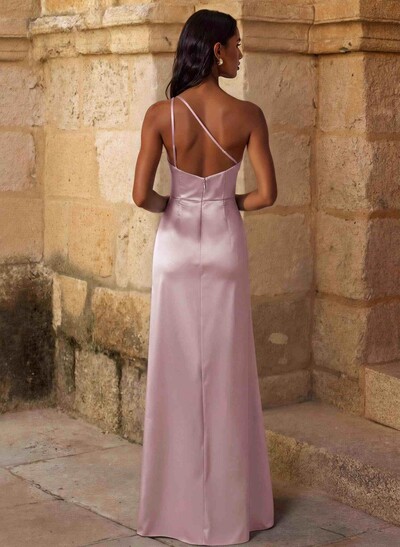 Elegant Ruched One-Shoulder Silk Like Satin Bridesmaid Dresses With High Split