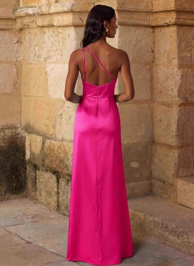 Elegant Ruched One-Shoulder Silk Like Satin Bridesmaid Dresses With High Split