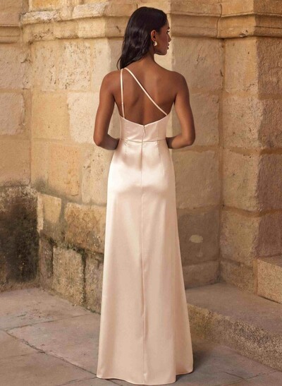 Elegant Ruched One-Shoulder Silk Like Satin Bridesmaid Dresses With High Split