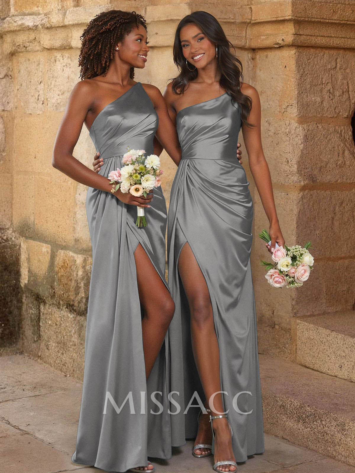Elegant Ruched One-Shoulder Silk Like Satin Bridesmaid Dresses With High Split Elegant Ruched One-Shoulder Silk Like Satin Bridesmaid Dresses With High Split