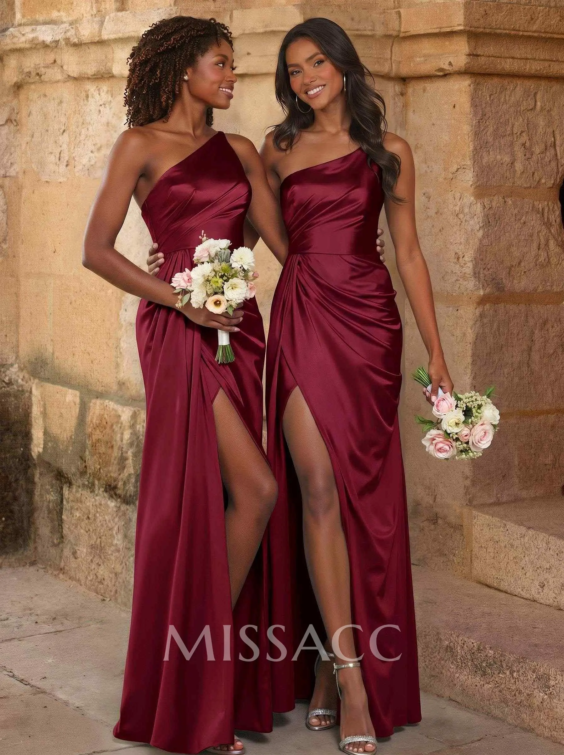 Elegant Ruched One-Shoulder Silk Like Satin Bridesmaid Dresses With High  Split - Missacc