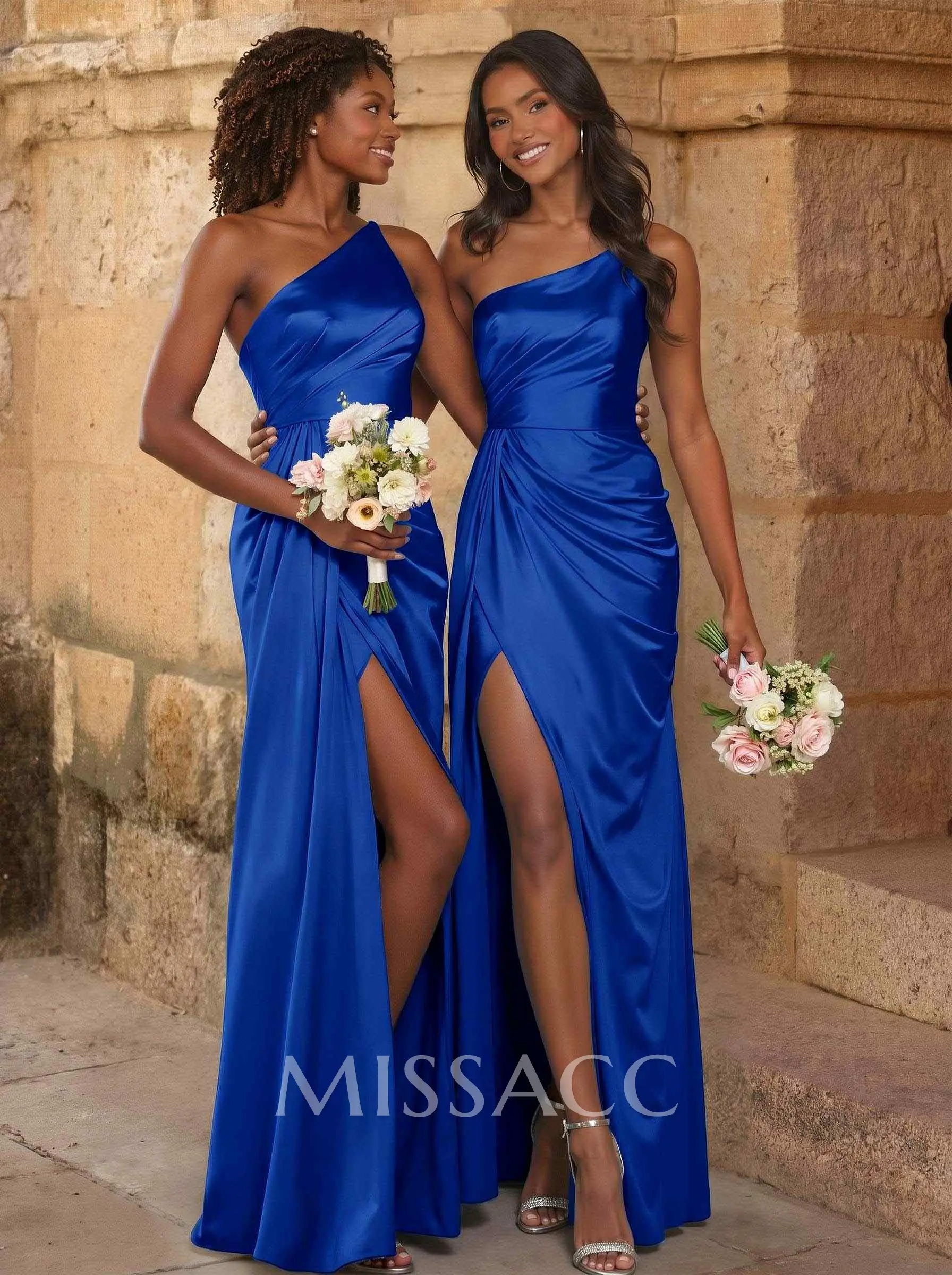 Elegant Ruched One-Shoulder Silk Like Satin Bridesmaid Dresses With High Split - Missacc Elegant Ruched One-Shoulder Silk Like Satin Bridesmaid Dresses With High Split - Missacc