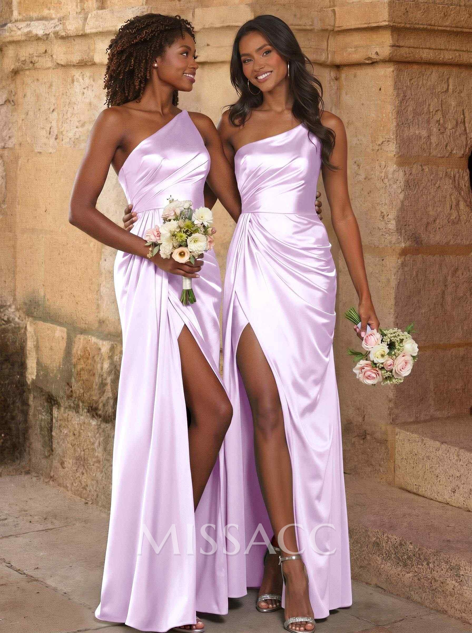 Elegant Ruched One-Shoulder Silk Like Satin Bridesmaid Dresses With High Split Elegant Ruched One-Shoulder Silk Like Satin Bridesmaid Dresses With High Split