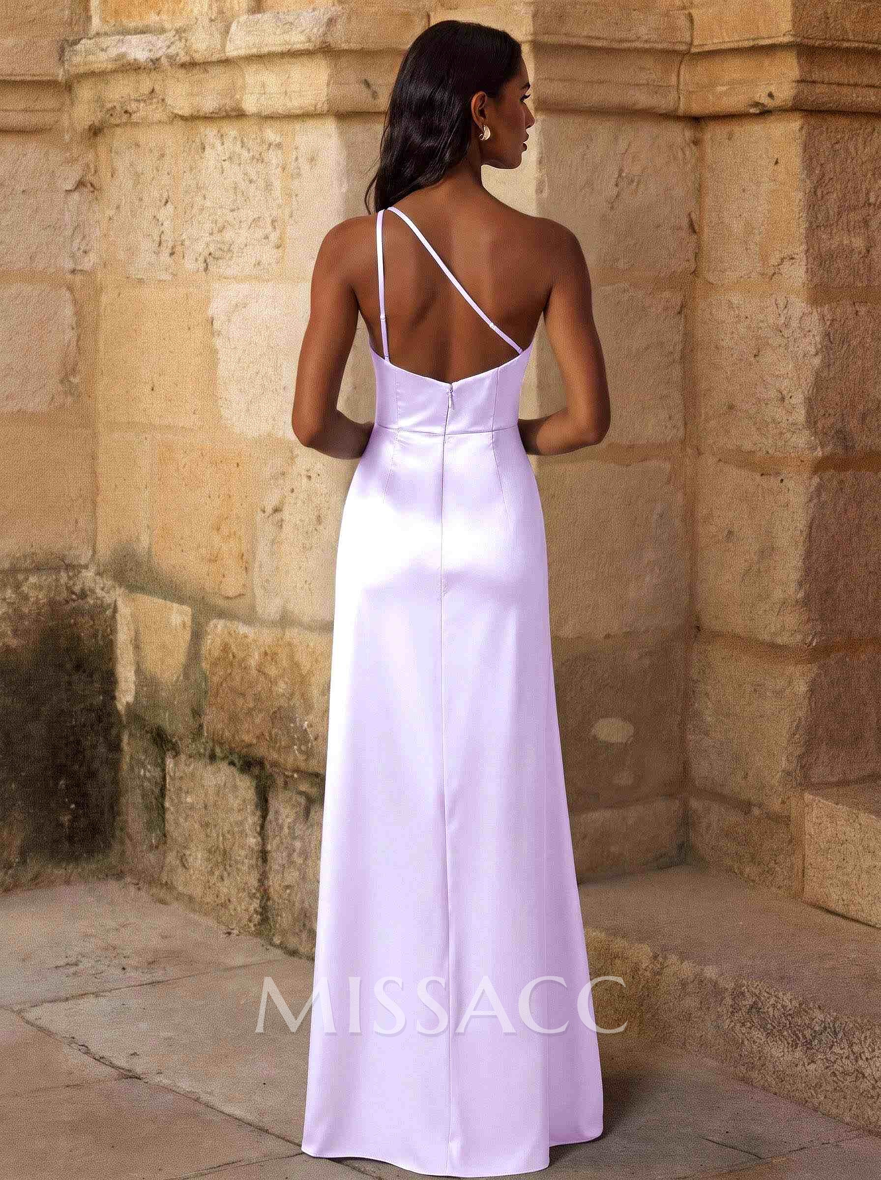 Elegant Ruched One-Shoulder Silk Like Satin Bridesmaid Dresses With High Split Elegant Ruched One-Shoulder Silk Like Satin Bridesmaid Dresses With High Split