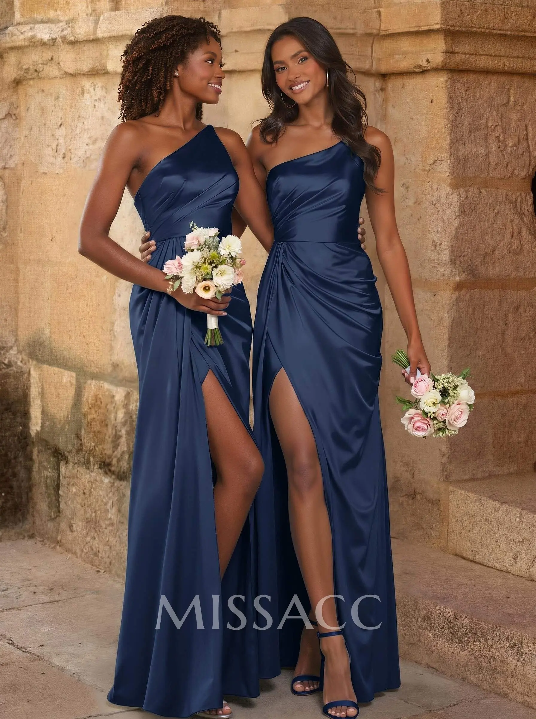 Elegant Ruched One-Shoulder Silk Like Satin Bridesmaid Dresses With High  Split - Missacc