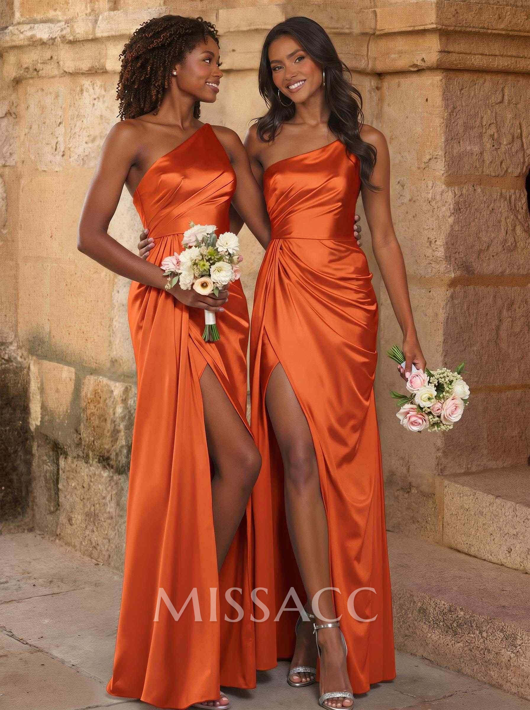 Elegant Ruched One-Shoulder Silk Like Satin Bridesmaid Dresses With High Split