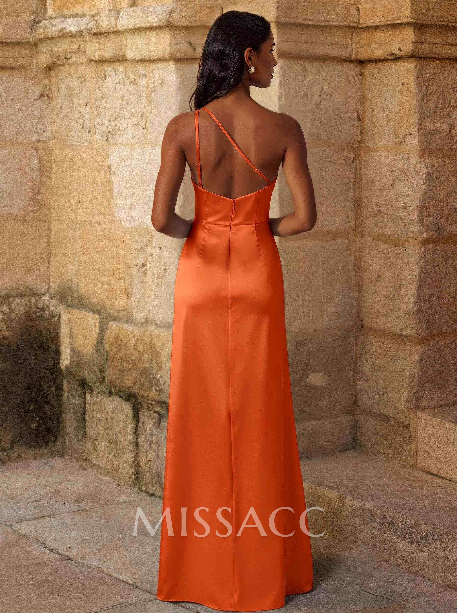 Elegant Ruched One-Shoulder Silk Like Satin Bridesmaid Dresses With High Split