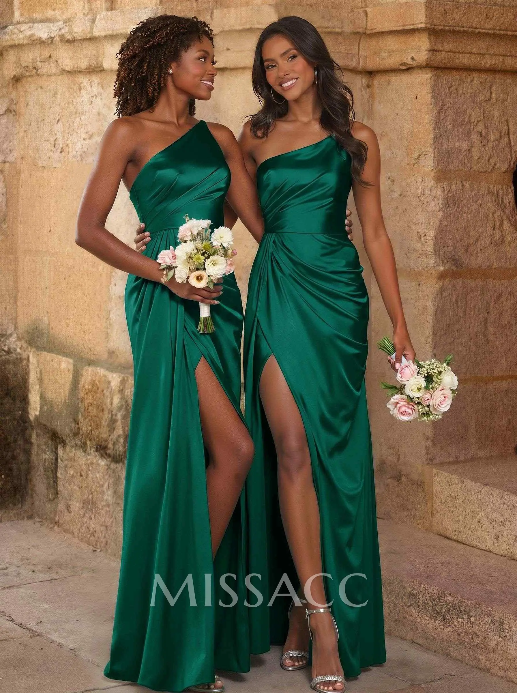 Elegant Ruched One-Shoulder Silk Like Satin Bridesmaid Dresses With High  Split - Missacc
