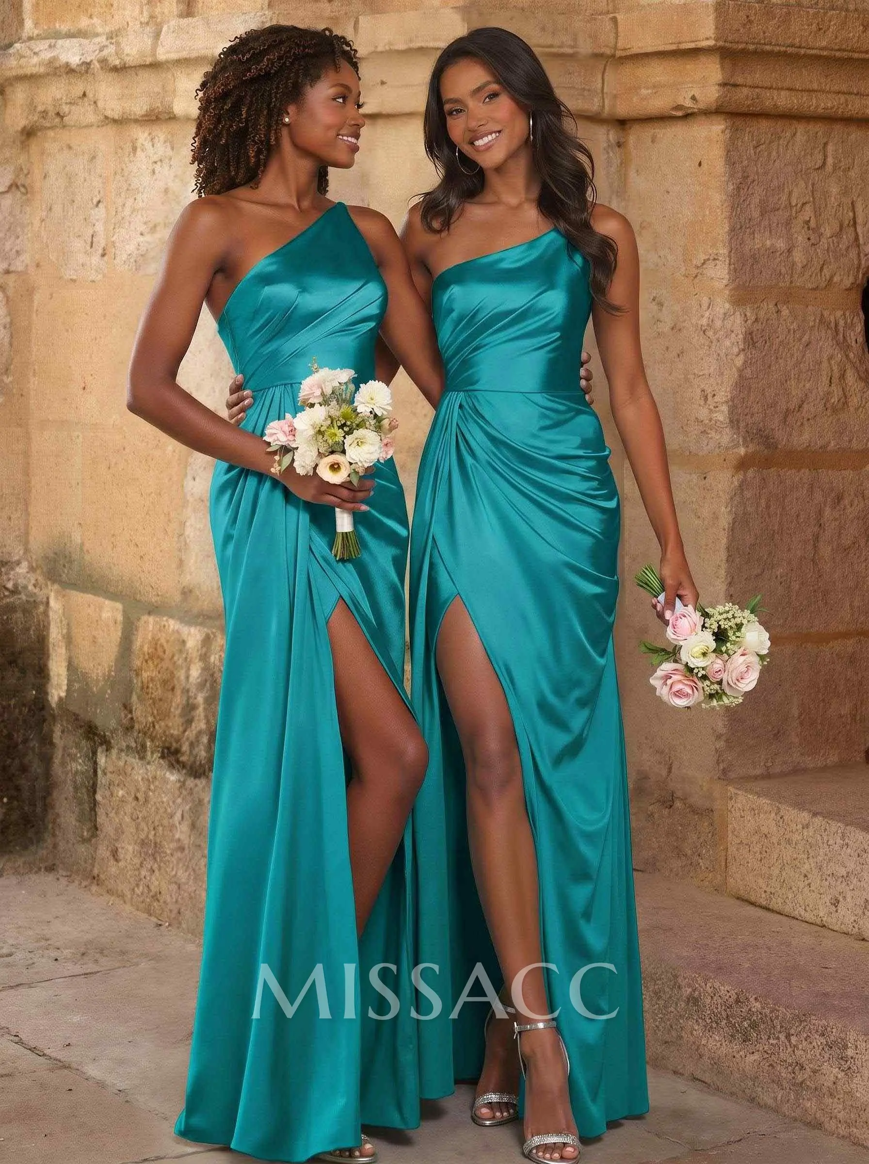 Elegant Ruched One-Shoulder Silk Like Satin Bridesmaid Dresses With High  Split - Missacc