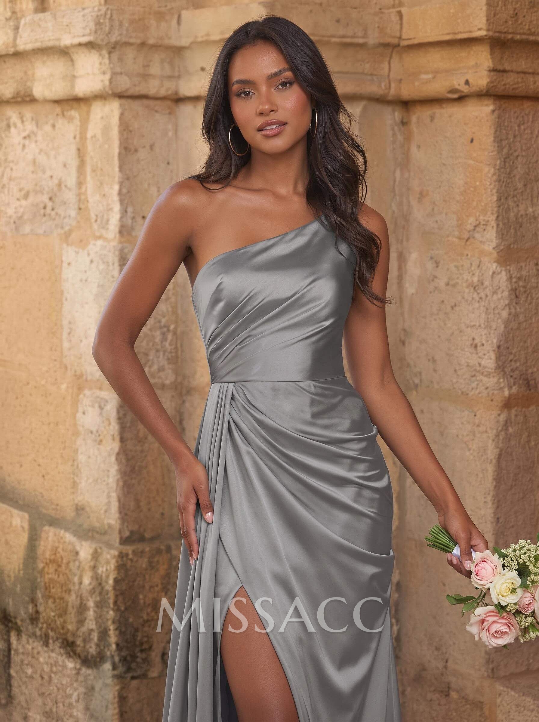 Elegant Ruched One-Shoulder Silk Like Satin Bridesmaid Dresses With High Split