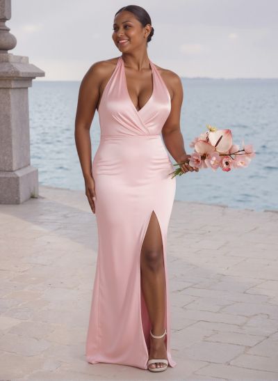Unique Halter High Split Silk Like Satin Bridesmaid Dresses With Bow(s)