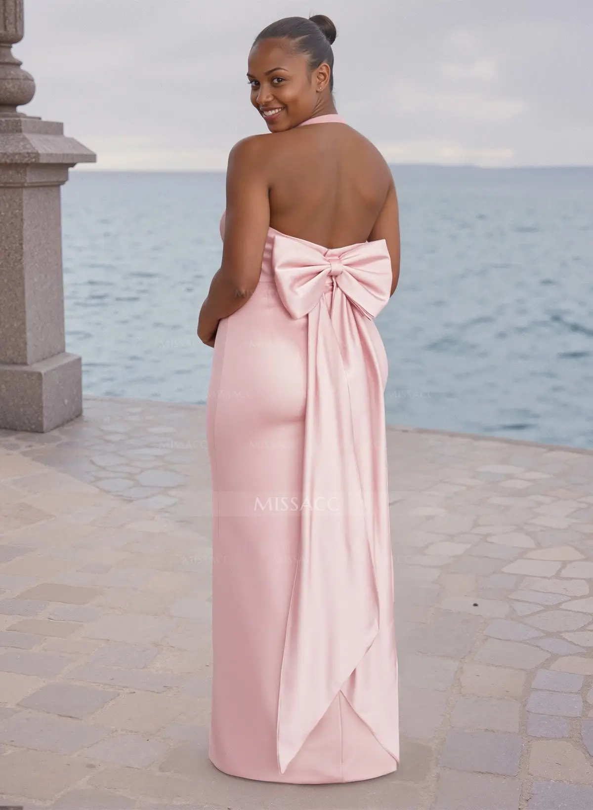 knee length dresses for ladies Halter Sleeveless Soft Satin Bridesmaid Dress, Celadon
