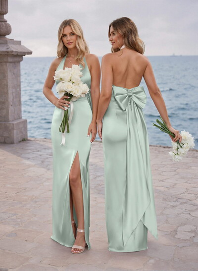 Unique Halter High Split Silk Like Satin Bridesmaid Dresses With Bow(s)