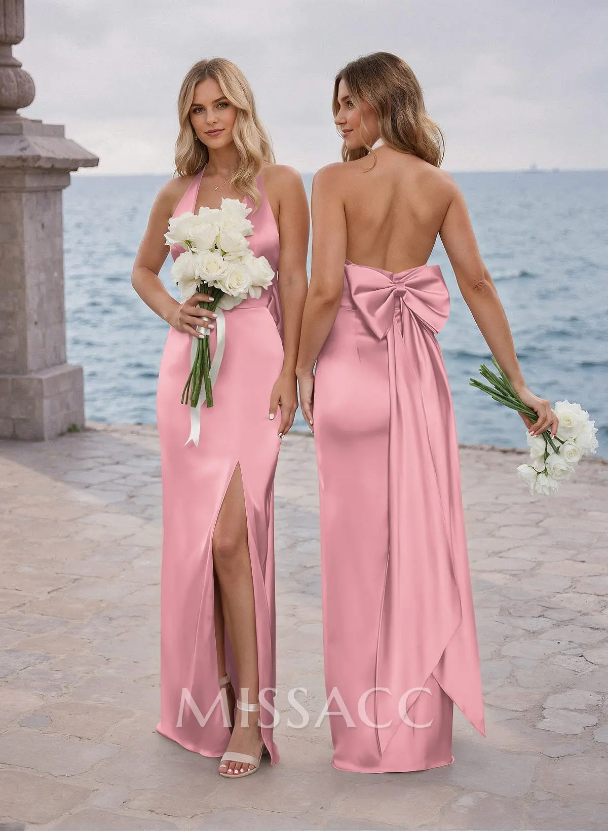 Missacc Mauve Bridesmaid Unique Halter High Split Silk Like Satin Bridesmaid Dresses With Bow(s)