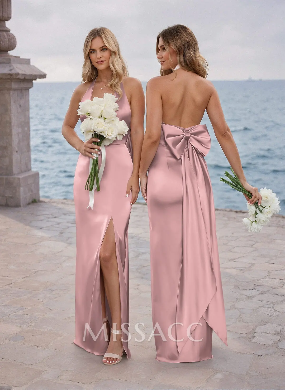 Missacc Mauve Bridesmaid Unique Halter High Split Silk Like Satin Bridesmaid Dresses With Bow(s)