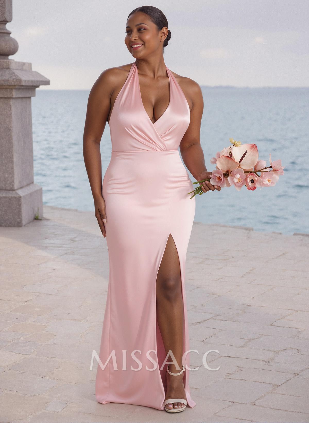 Unique Halter High Split Silk Like Satin Bridesmaid Dresses With Bow(s) Unique Halter High Split Silk Like Satin Bridesmaid Dresses With Bow(s)