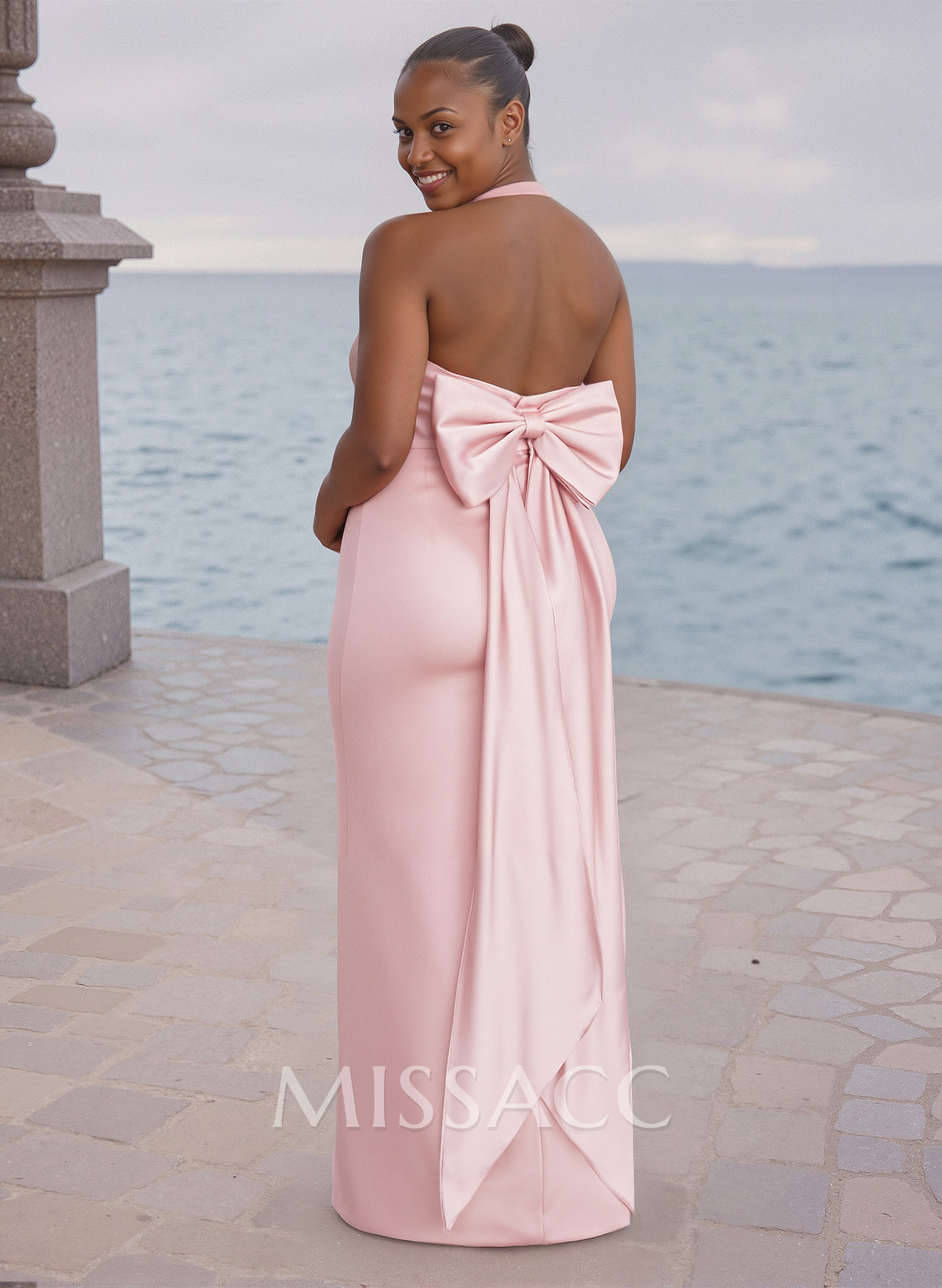 Unique Halter High Split Silk Like Satin Bridesmaid Dresses With Bow(s) Unique Halter High Split Silk Like Satin Bridesmaid Dresses With Bow(s)