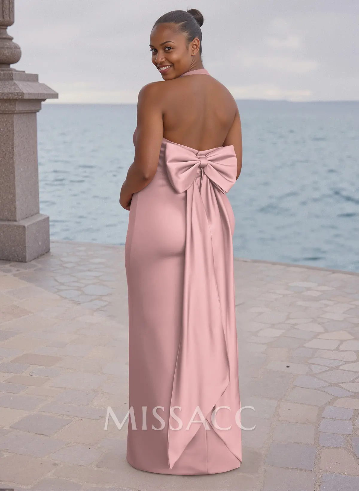 Unique Halter High Split Silk Like Satin Bridesmaid Dresses With Bow(s)