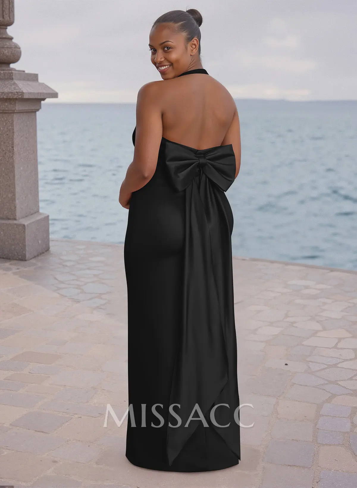 black bridesmaid dress with bow Unique Halter High Split Silk Like Satin Dresses Bow(s) black bridesmaid dress