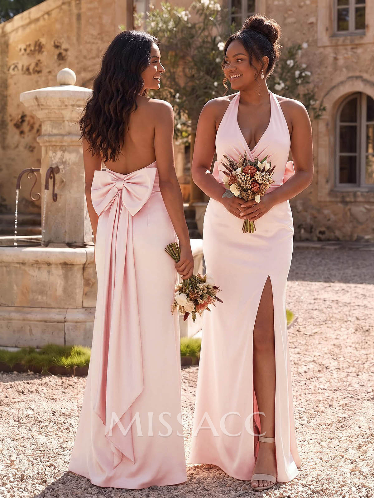Unique Halter High Split Silk Like Satin Bridesmaid Dresses With Bow(s)