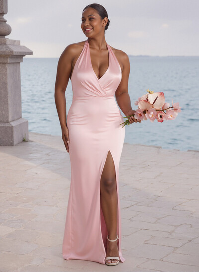 Unique Halter High Split Silk Like Satin Bridesmaid Dresses With Bow(s)