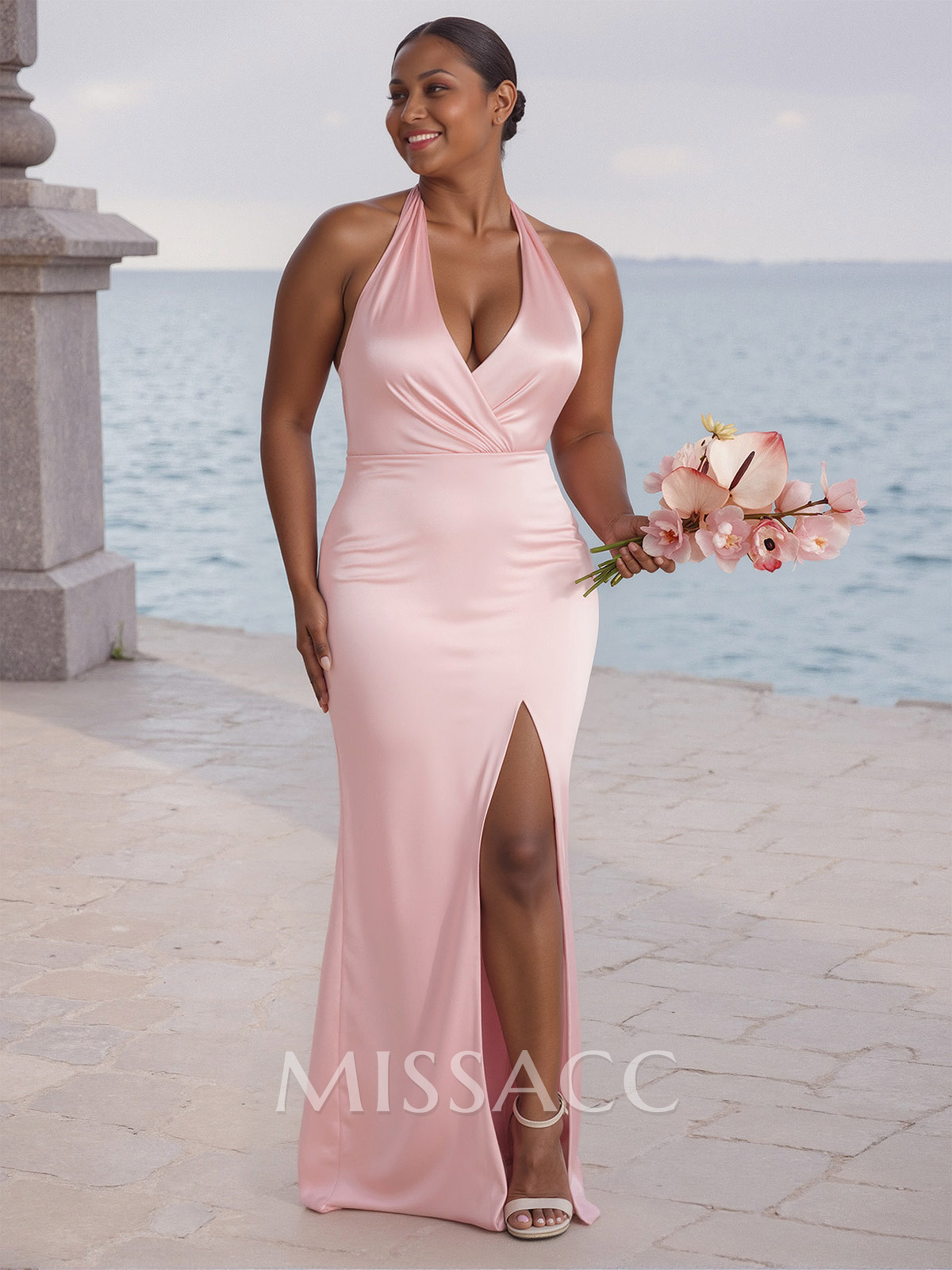 Unique Halter High Split Silk Like Satin Bridesmaid Dresses With Bow(s)