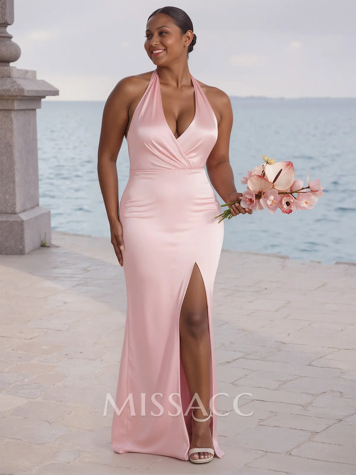 soft mesh halter bridesmaid dress with slim sash Missacc White Unique High Split Silk Like Satin Bridesmaid Dresses Bow(s) this dress balances romance COLOR:Black/Ivory Bridal dresses gs d Elasticated Buy Long Tall Sally