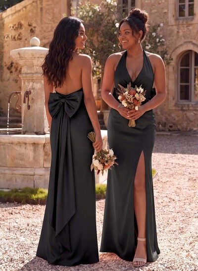 Unique Halter High Split Silk Like Satin Bridesmaid Dresses With Bow(s)