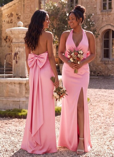 Unique Halter High Split Silk Like Satin Bridesmaid Dresses With Bow(s)