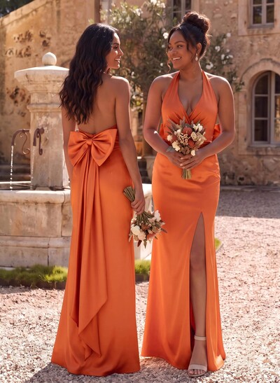Unique Halter High Split Silk Like Satin Bridesmaid Dresses With Bow(s)