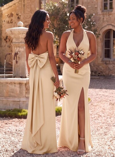 Unique Halter High Split Silk Like Satin Bridesmaid Dresses With Bow(s)