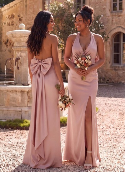 Unique Halter High Split Silk Like Satin Bridesmaid Dresses With Bow(s)
