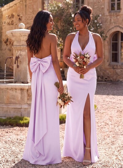 Unique Halter High Split Silk Like Satin Bridesmaid Dresses With Bow(s)