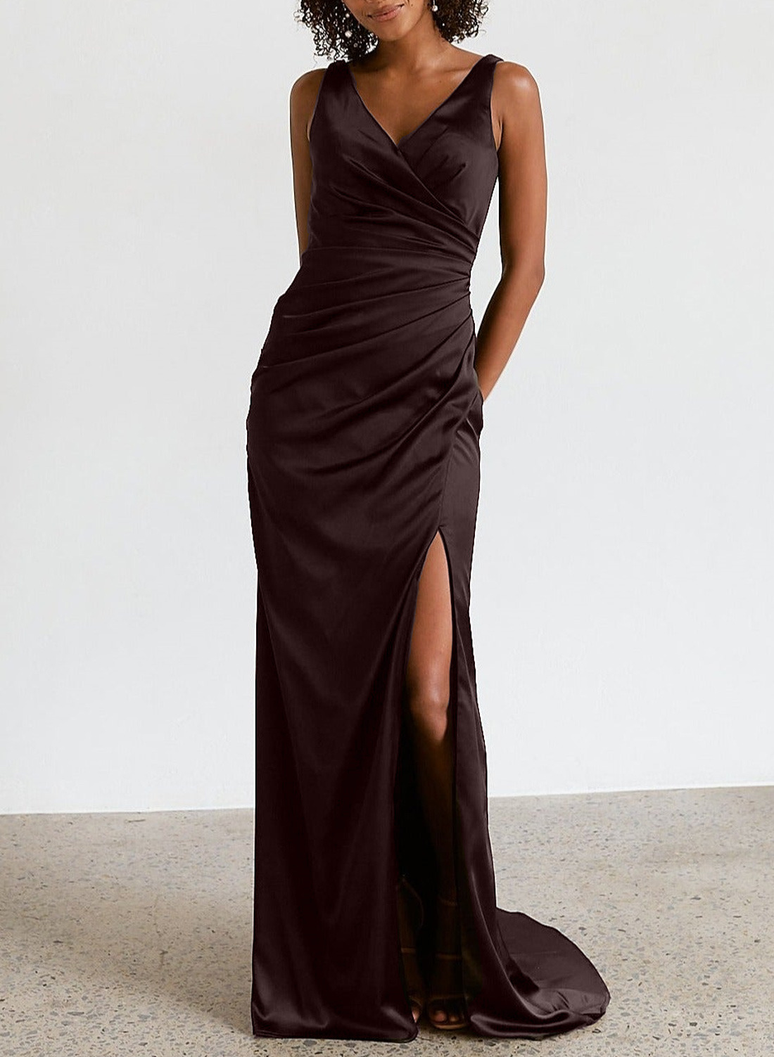 Simple Ruched V-Neck Silk Like Satin Bridesmaid Dresses With High Split