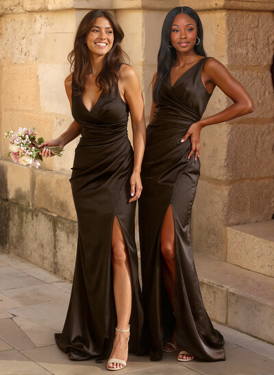 Simple Ruched V-Neck Silk Like Satin Bridesmaid Dresses With High Split