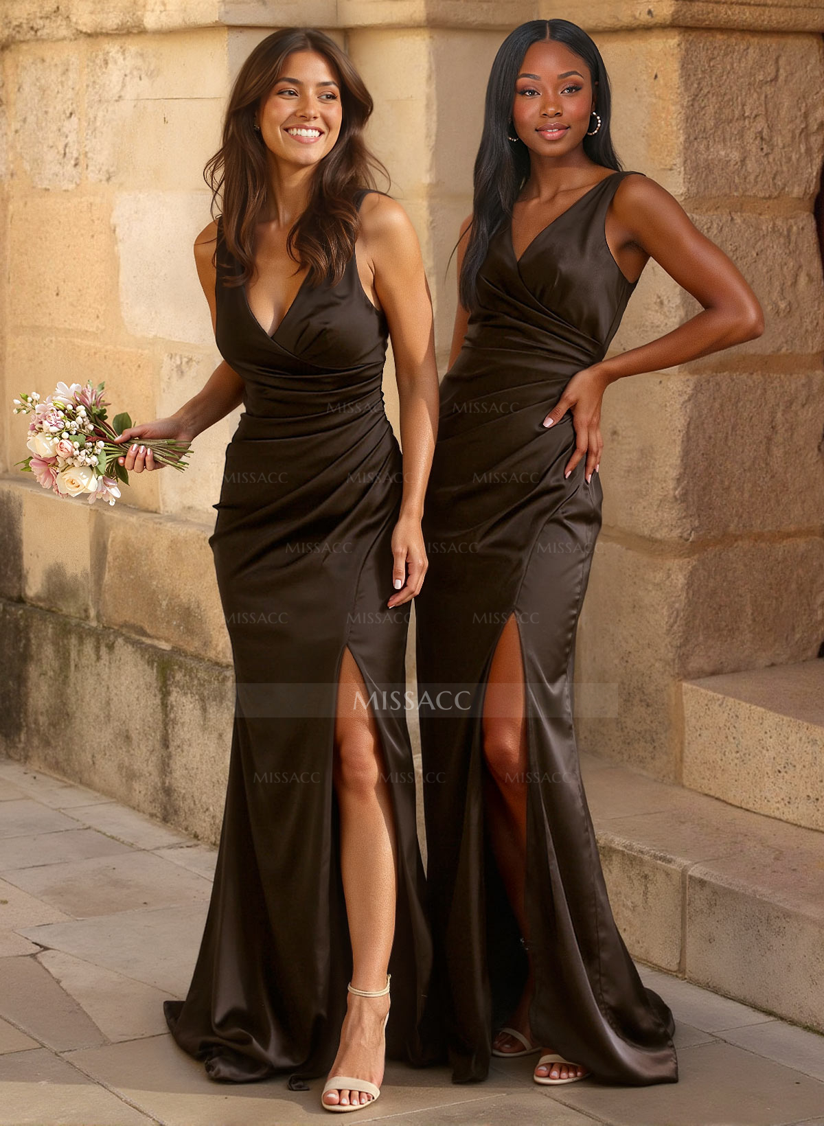 Simple Ruched V-Neck Silk Like Satin Bridesmaid Dresses With High Split