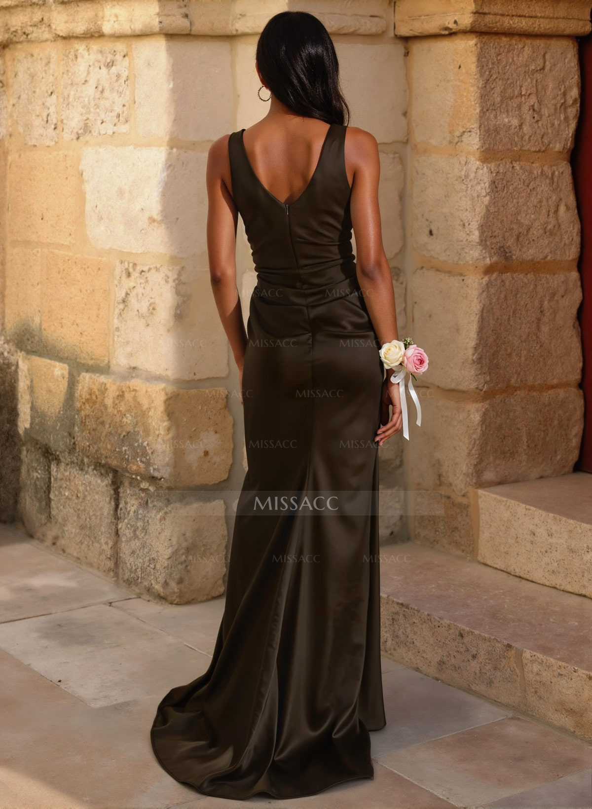 Simple Ruched V-Neck Silk Like Satin Bridesmaid Dresses With High Split