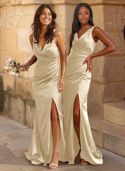 Simple Ruched V-Neck Silk Like Satin Bridesmaid Dresses With High Split