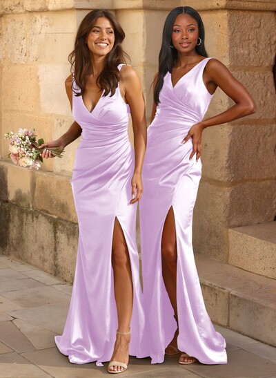 Simple Ruched V-Neck Silk Like Satin Bridesmaid Dresses With High Split