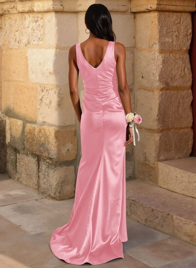 Simple Ruched V-Neck Silk Like Satin Bridesmaid Dresses With High Split