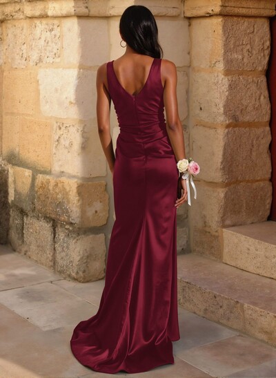 Simple Ruched V-Neck Silk Like Satin Bridesmaid Dresses With High Split