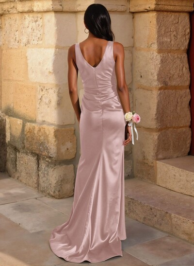 Simple Ruched V-Neck Silk Like Satin Bridesmaid Dresses With High Split