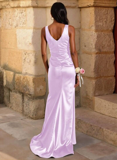 Simple Ruched V-Neck Silk Like Satin Bridesmaid Dresses With High Split