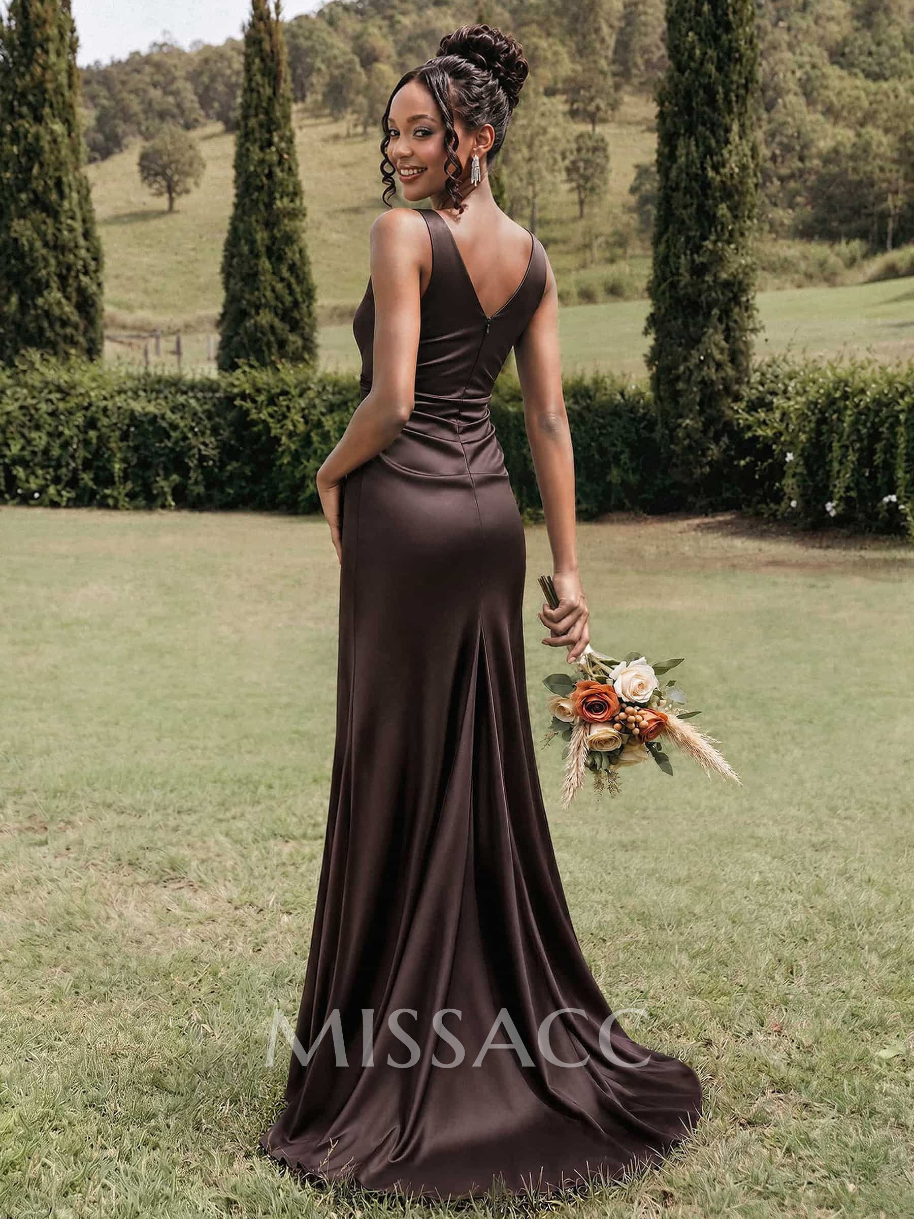 Simple Ruched V-Neck Silk Like Satin Bridesmaid Dresses With High Split
