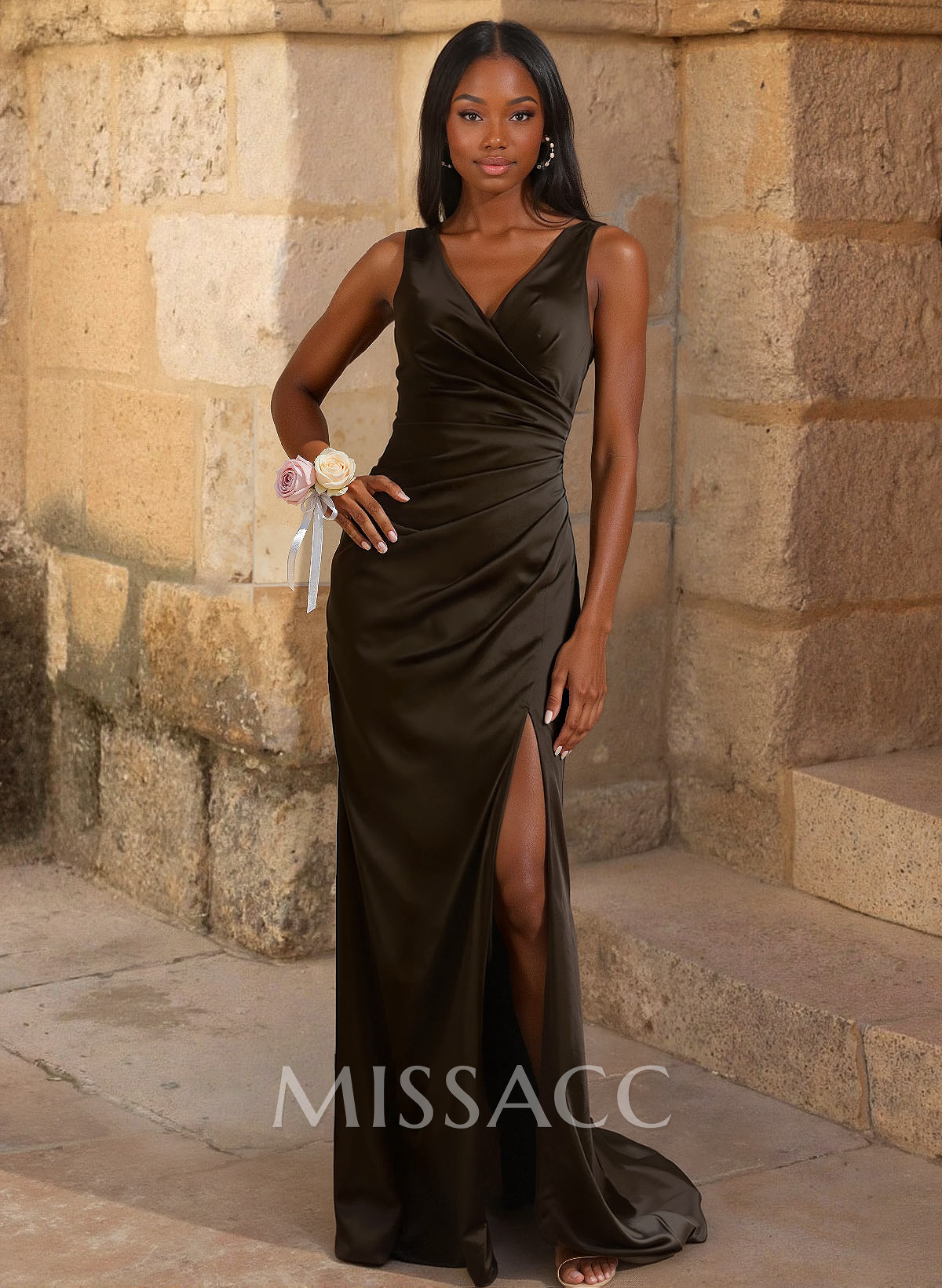 Simple Ruched V-Neck Silk Like Satin Bridesmaid Dresses With High Split Simple Ruched V-Neck Silk Like Satin Bridesmaid Dresses With High Split