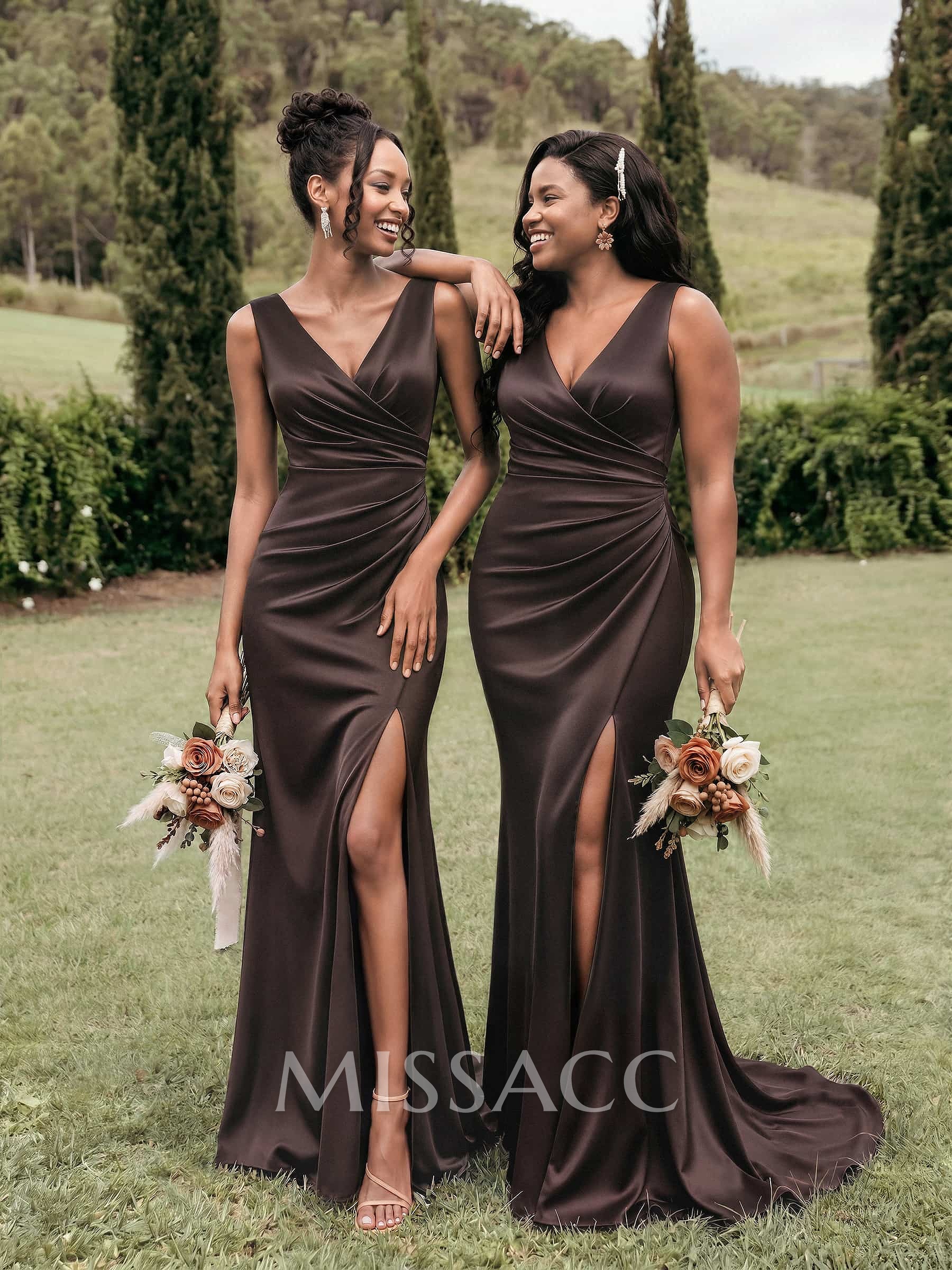 Simple Ruched V-Neck Silk Like Satin Bridesmaid Dresses With High Split