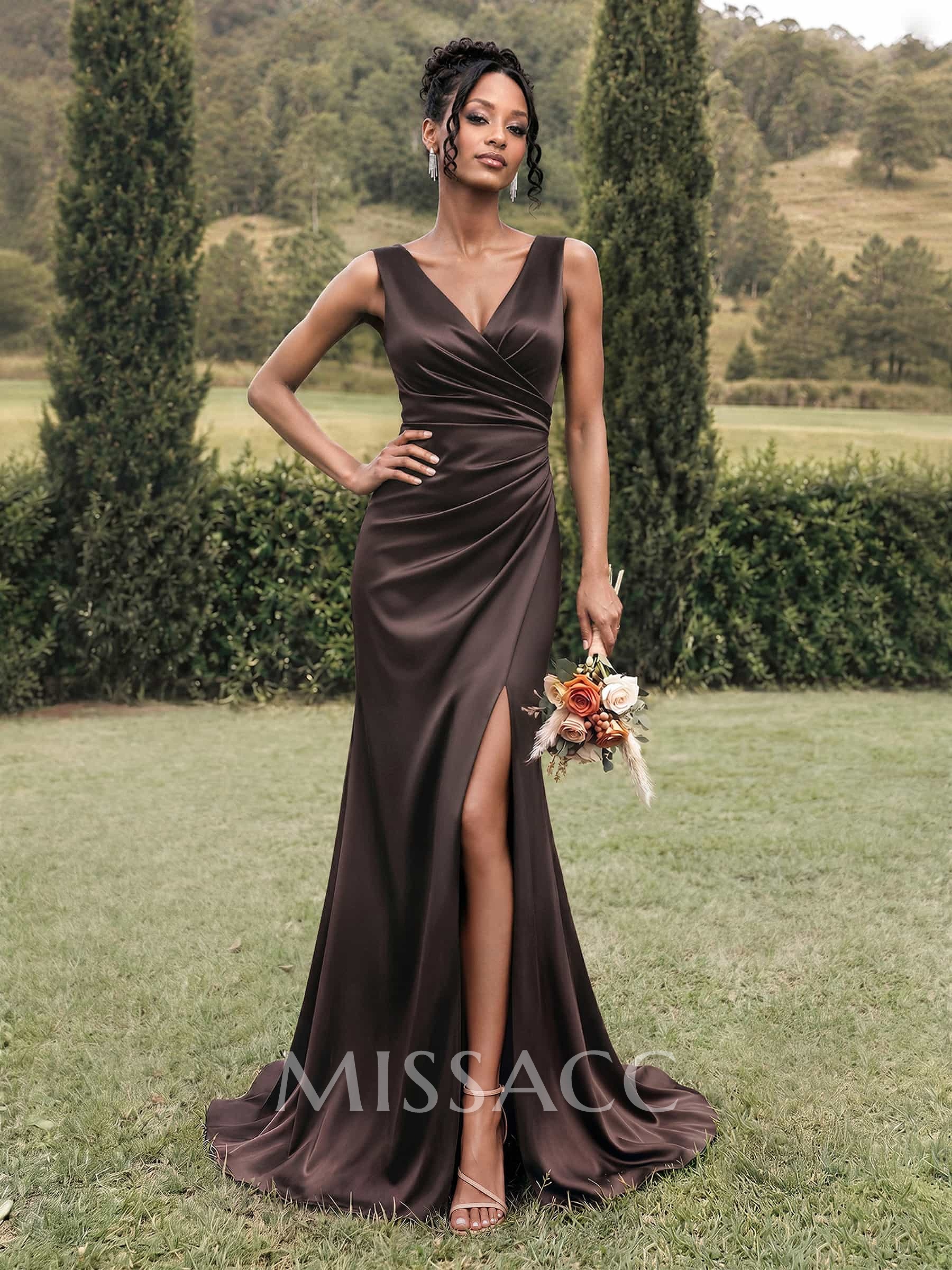 Simple Ruched V-Neck Silk Like Satin Bridesmaid Dresses With High Split