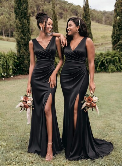 Simple Ruched V-Neck Silk Like Satin Bridesmaid Dresses With High Split