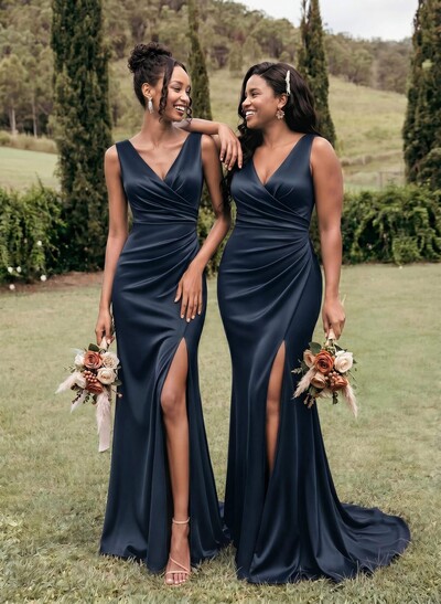 Simple Ruched V-Neck Silk Like Satin Bridesmaid Dresses With High Split