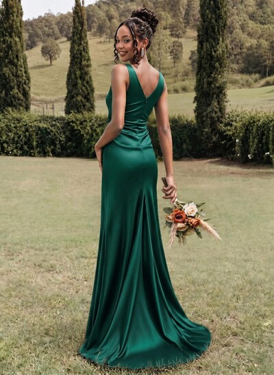 Simple Ruched V-Neck Silk Like Satin Bridesmaid Dresses With High Split